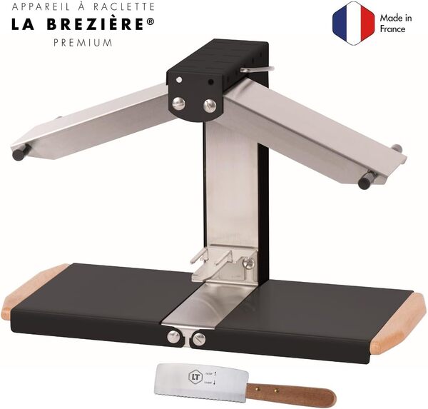 LOUIS TELLIER - Appareil à Raclette Brezière PREMIUM+Couteau Raclette - Noir Poignées Bois - Fabrication Française - Pour 1/4 ou 1/6 de Meule - Rampes Chauffantes Réglables - Pliable - 1000W