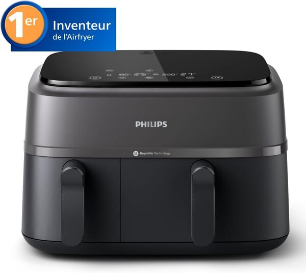 Philips Airfryer Série 3000 - Air Fryer Double Panier, 9L, Kit petit-déjeuner, Technologie RapidAir, jusqu'à 90% de matières grasses en moins, Application HomeID, coloris Noir (NA350/03)