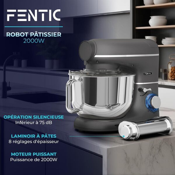 Robot Pâtissier avec Machine a Pates Fraiche – 2000W – Robot Cuisine avec Machine a Pate – Laminoir a Pate - 6,2L Bol Mélangeur (Anthracite)