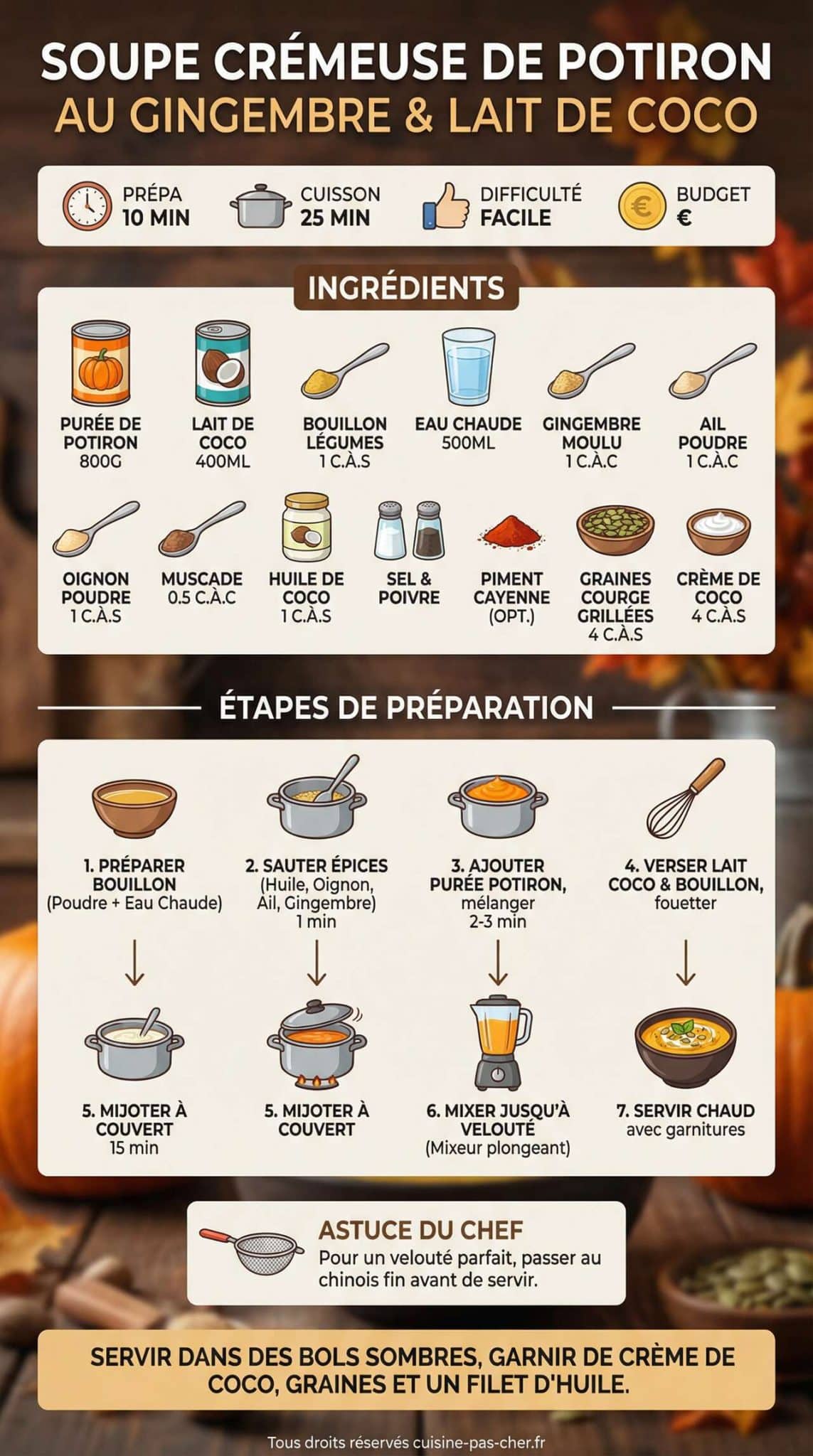 infographie de la recette Recette de soupe cr&eacute;meuse de potiron au gingembre et lait de coco