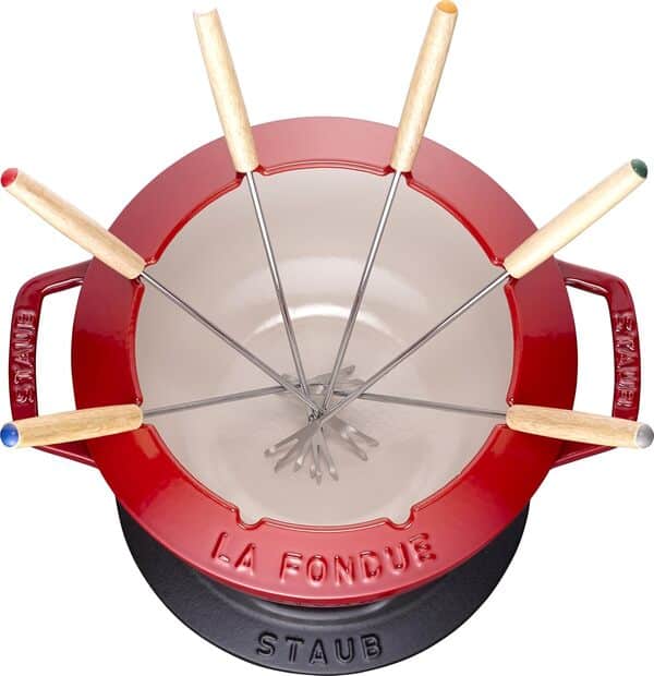 STAUB Service à Fondue en Fonte, avec 6 Fourchettes à Fondue, pour Fondue Savoyarde, Bourguignonne et au Chocolat, Ø 20 cm, Cerise