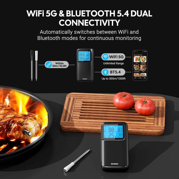 INKBIRD Thermomètre à Viande Sans Fil Double Mode Multicapteur, WiFi 5G et Connexion Bluetooth 5.4,2 Sonnettes avec 5 Capteurs,Alarmes Haute et Basse Température,pour Barbecue, Grill et Cuisine