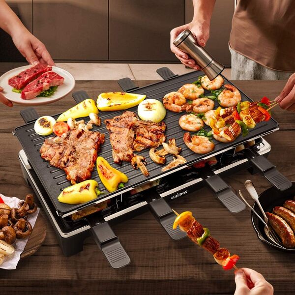 Cusimax 1500W Raclette Gril Alu Multifonction 8 Personnes, Poêles antiadhésif, Gril électrique, Appareil à Raclette, Plaque de cuisson Réversible, Thermostat réglable, CMRC-300, Noir