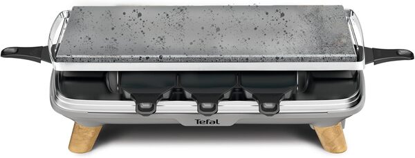 Tefal Raclette Pierrade Gourmet, Raclette pierrade 2-en-1, Utilisation en intérieur, 1350 W, Pierre naturelle, 8coupelles Maxi Profondes, Facile à nettoyer, Gris, Pieds effet bois PR620D12