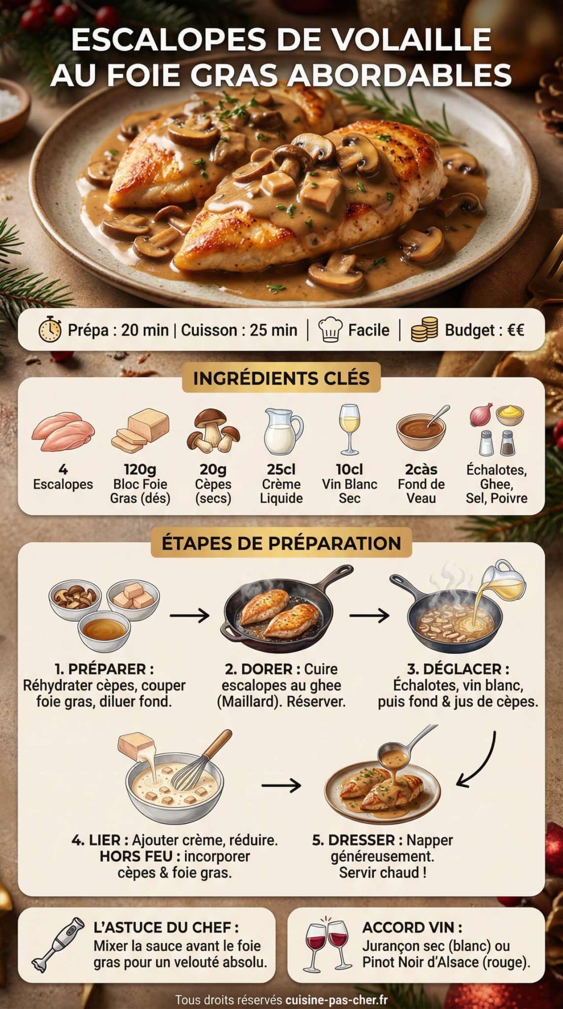 Infographie de la recette Recette : escalopes de volaille au foie gras abordables