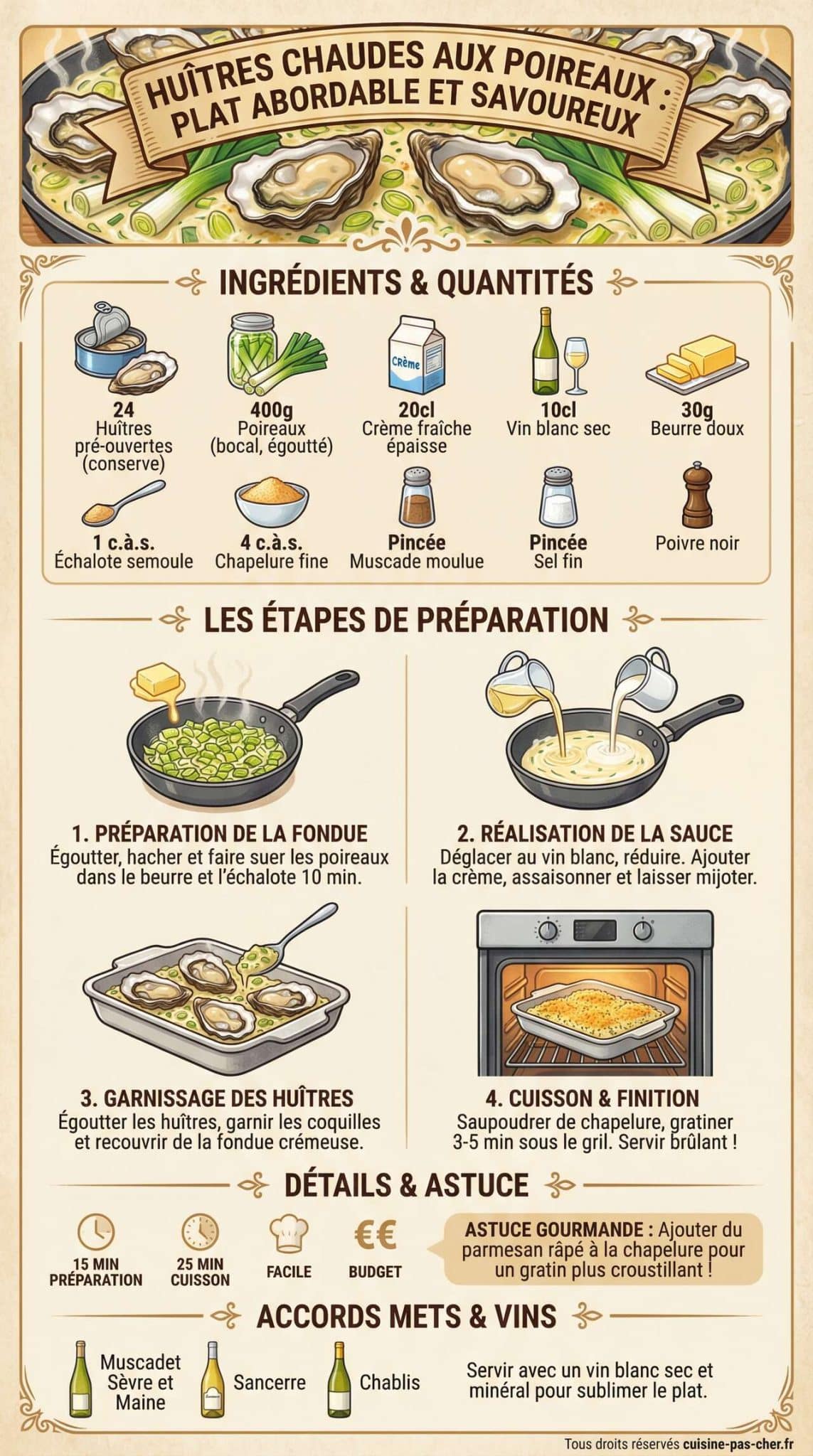 Infographie de la recette Recette d'Hu&icirc;tres Chaudes aux Poireaux : plat Abordable et Savoureux