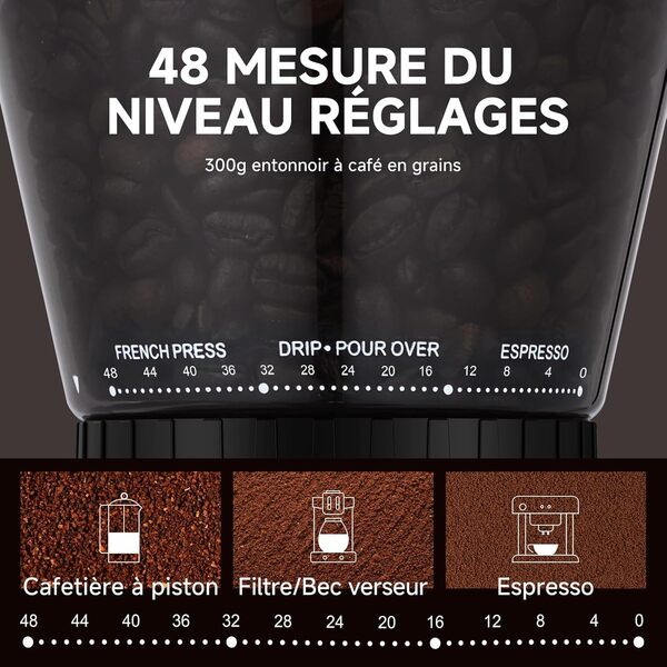 AMZCHEF Moulin A Café Électrique Avec Support Amovible Et Récipient | Écran Tactile LCD | 24 Réglages Précis | Moulin A Cafe Grain Pour Espresso/Filtre/Bec Verseur/Infusion A Froid/Cafetière A Piston [Classe énergétique A+++]