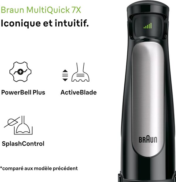 Braun MultiQuick 7 - Mixeur Plongeant, SplashControl, Système ActiveBlade pour Aliments Durs, Sélection de Vitesse Précise, Mini-hachoir 500mL, Fouet, Verre Doseur 600mL, 1000W, Noir (MQ7035XBI)