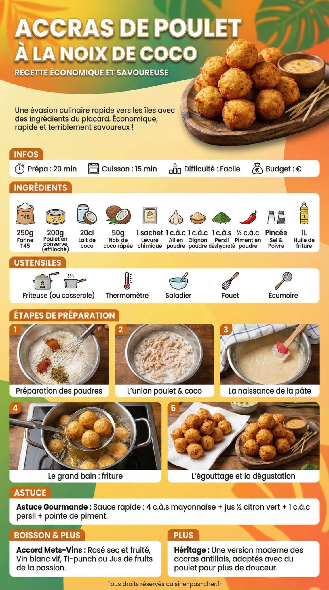 Fiche recette Accras de poulet &agrave; la noix de coco : recette &eacute;conomique et savoureuse