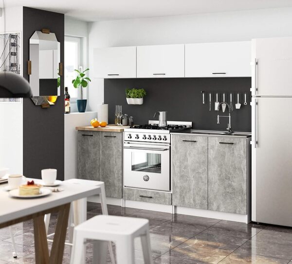 AKORD | Kit de Meubles de Cuisine 2m G1 | Cuisine complète | Kitchen Cabinet Set | Armoires de Cuisine | Armoires au Sol | Armoires suspendues | Tiroirs | Meuble sous évier | Blanc & Béton