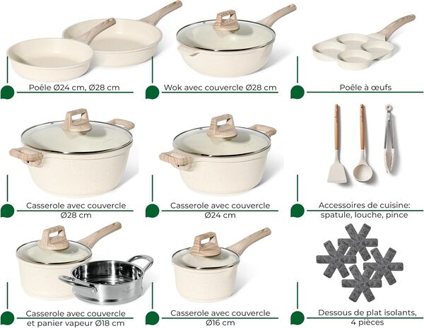 JUST PERFECTO Batterie de cuisine induction Set de casseroles avec couvercle - Casserole tout feux - poele anti adhesive - poele sans PFOA et sans PTFE - lot avec des poêles (21 Pcs Biege)