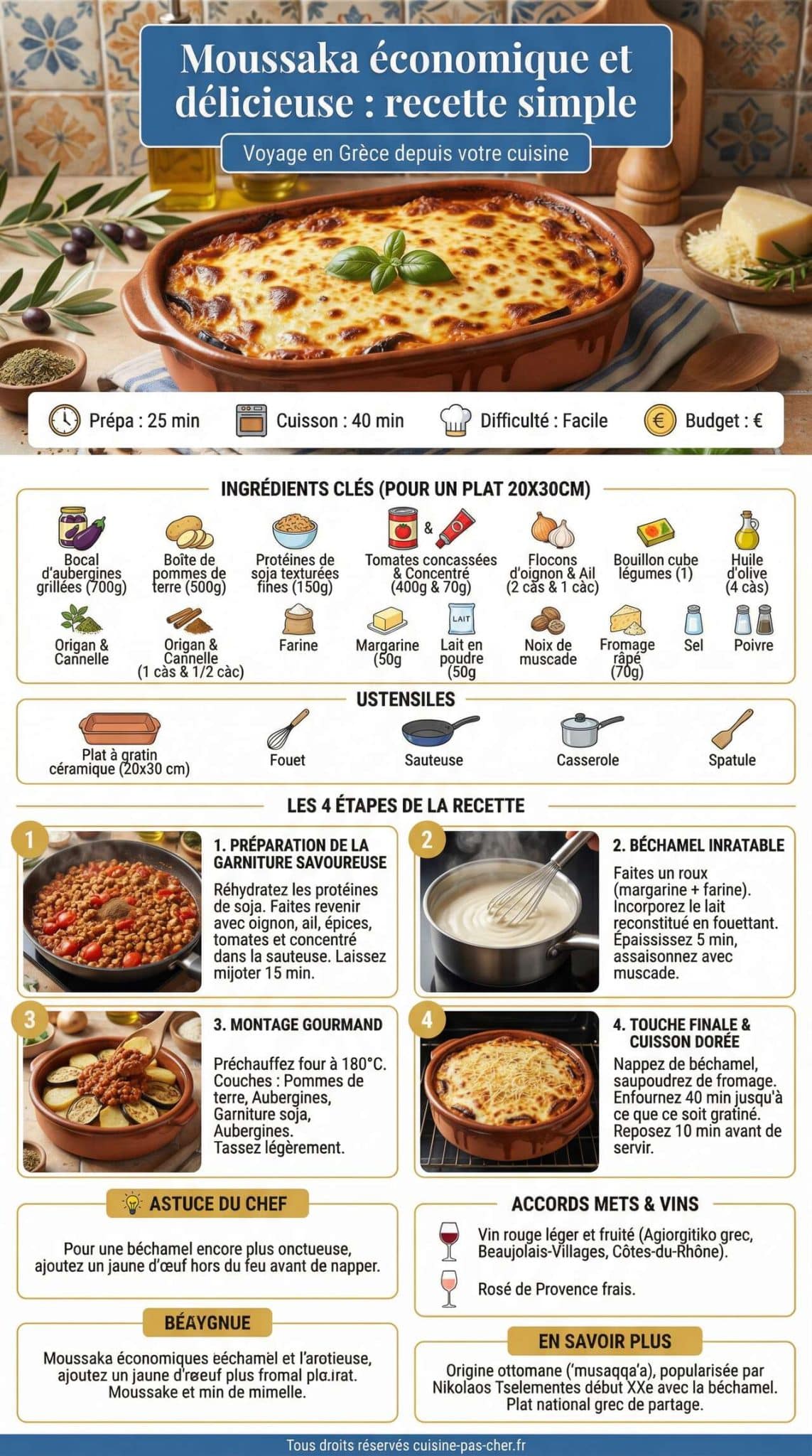 Fiche recette Moussaka &eacute;conomique et d&eacute;licieuse : recette simple pour un repas r&eacute;ussi