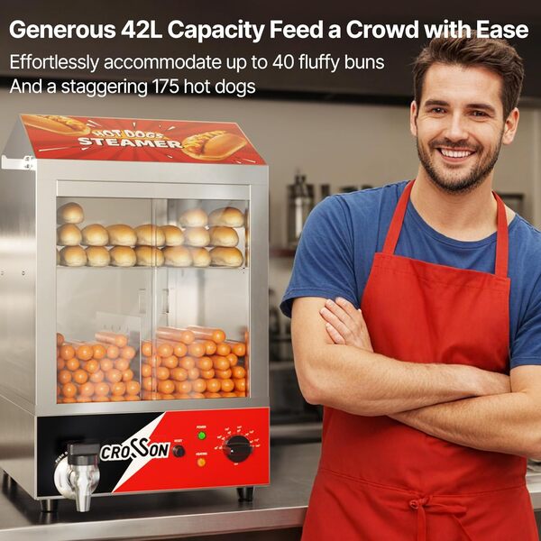 CROSSON Hot Dog Steamer Professionnel 42L,1200W Hot Dog Steamer Machine with Bun Warmer Stainless Grande Capacité 175 Hot Dogs et 50 Sandwiches avec Portes Coulissantes