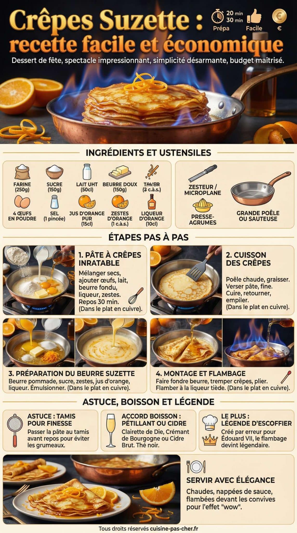 Fiche recette Cr&ecirc;pes Suzette : recette facile et &eacute;conomique