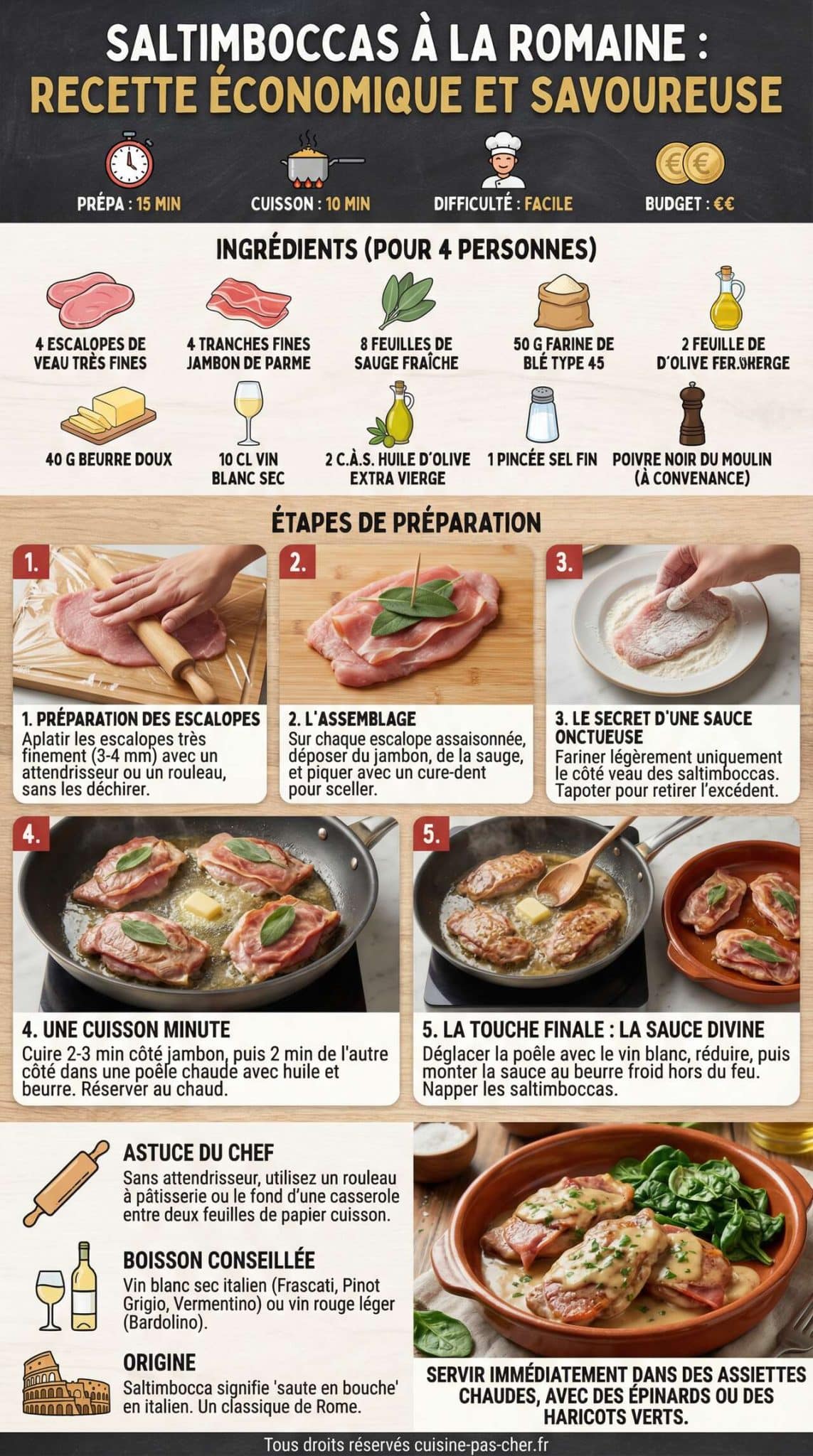 Fiche recette Saltimboccas &agrave; la romaine : recette &eacute;conomique et savoureuse