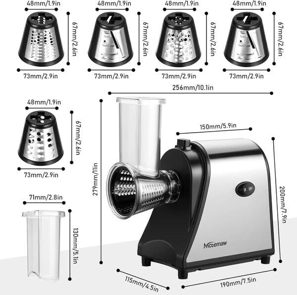 Coupe-Légumes Électrique en Acier Inoxydable, Râpe à Fromage Électrique 250W, Robot Multifonction avec 5 Lames pour Pommes de Terre, Carottes et Oignons
