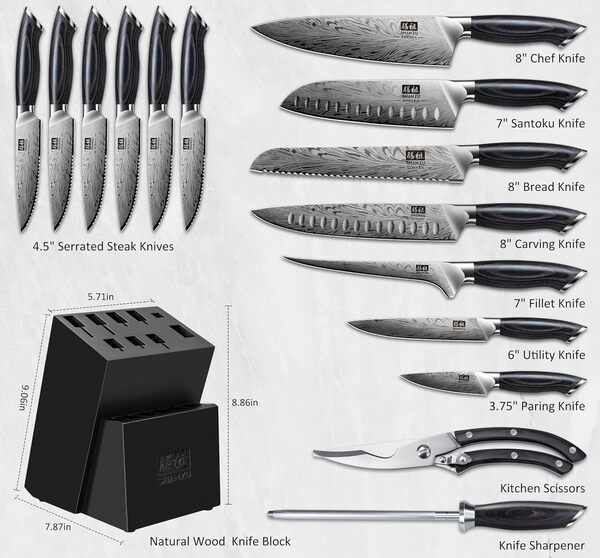 SHAN ZU Bloc Couteaux Cuisine 16 pièces, Bloc de Couteaux Japonais en Acier Poudré, Couteau de Chef Professionnels à Haute Teneur en Carbone (63 HRC), Lame Affûtée à 12° et Manche en Bois de pakka