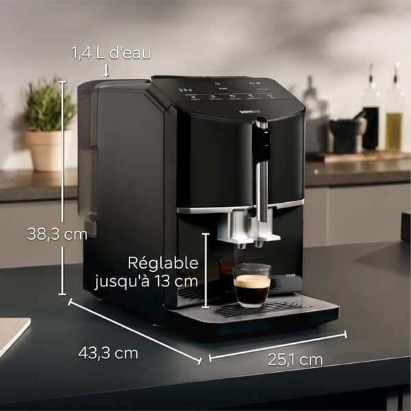 SIEMENS, machine à café tout automatique, EQ300, ceramDrive, milkPerfect, fonction oneTouch, noir piano, TF301E19
