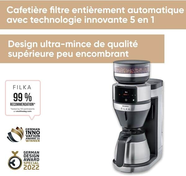 SEVERIN Cafetière filtre automatique FILKA verseuse isotherme, Cafetiere avec broyeur, Adapte la quantité d'eau à votre envie : mug, tasse, verseuse, KA 9695, Inox/Noir