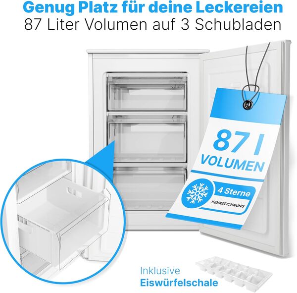 Bomann, Congélateur 87L 4 Étoiles, Contrôle Progressif de Température, 3 Tiroirs, Bac à Glaçons, Réversible, Classe N/ST/T, Idéal pour Viandes et Légumes, Niveau Sonore 40 dB [Classe énergétique C]
