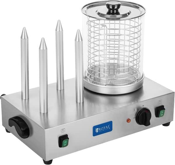 Royal Catering Machine à Hot Dog Professionnelle Appareil Hot Dog RCHW 2300 (Puissance 1 100 Watts, Température 0-95°C, Taille du Cylindre 24 cm, Diamètre du Cylindre 20 cm, 4 Fentes à Toast)
