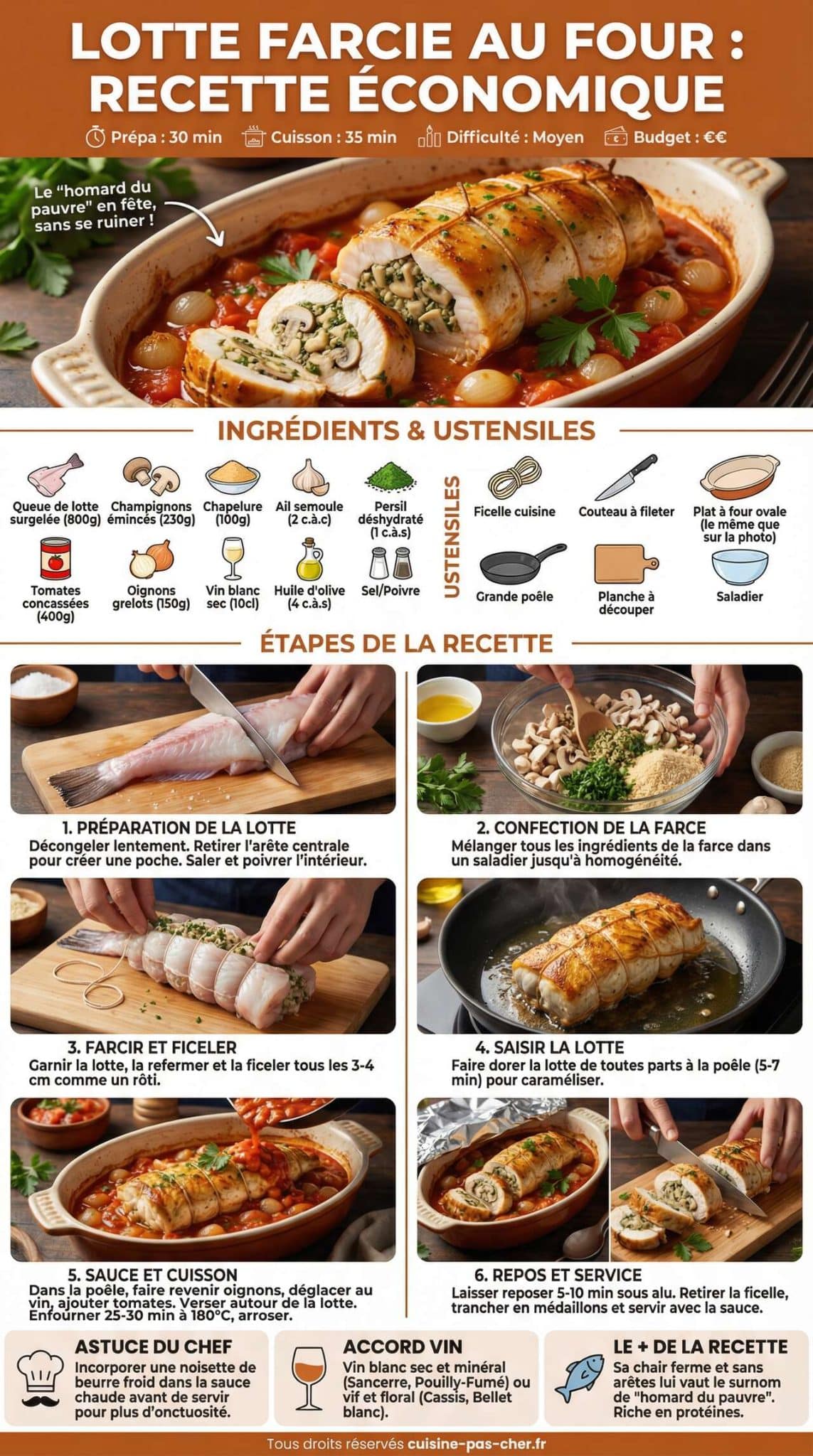 Fiche recette Lotte farcie au four : recette &eacute;conomique
