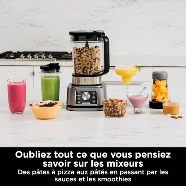 Ninja Foodi Power Nutri Blender 3-en-1, mélange les bols de smoothie, les pâtes à tartiner épaisses épaisses et les boissons glacées, programmes automatiques, 2.1L, 700ml & 400ml,1200W, Silver CB350EU