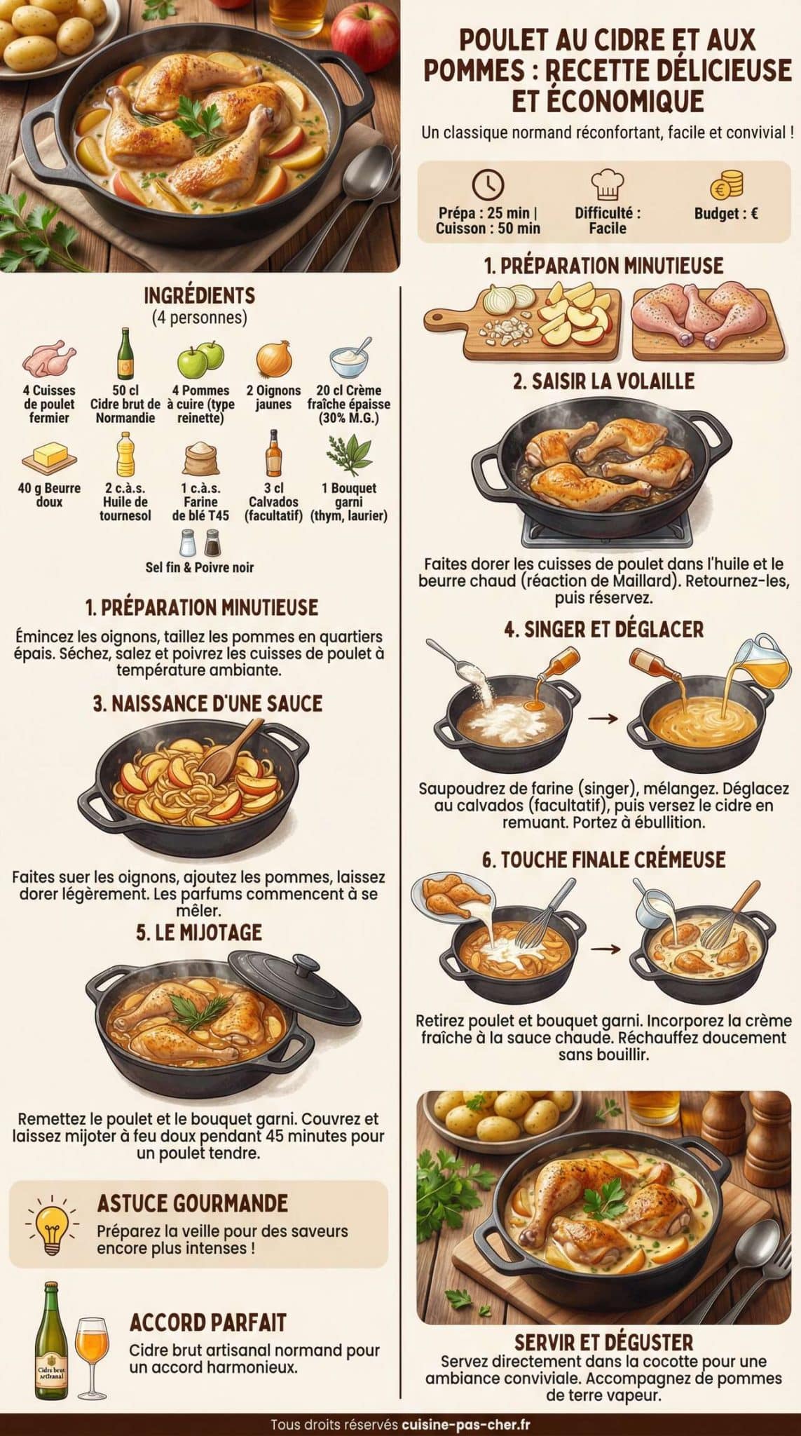 Fiche recette Poulet au cidre et aux pommes : recette d&eacute;licieuse et &eacute;conomique