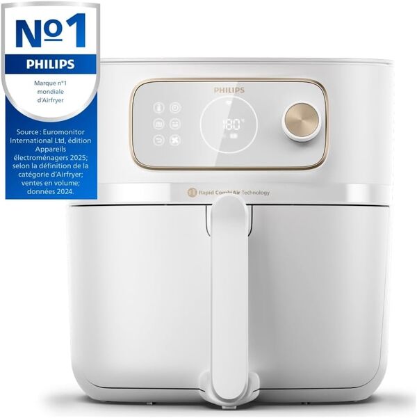 Philips Airfryer Combi Série 7000 - Air Fryer 8.2L, 22-en-1, connecté, Technologie RapidAir, Auto-Cook, jusqu'à 90% de matières grasses en moins, Application HomeID, coloris Noir (HD9876/20)