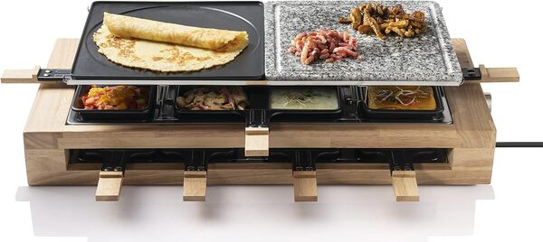 Bestron Raclette grill XL, appareil à raclette électrique jusqu'à 8 personnes avec pierre naturelle et plaque de grill à revêtement antiadhésif, livré avec un grand set de poêlons, Couleur: Bois