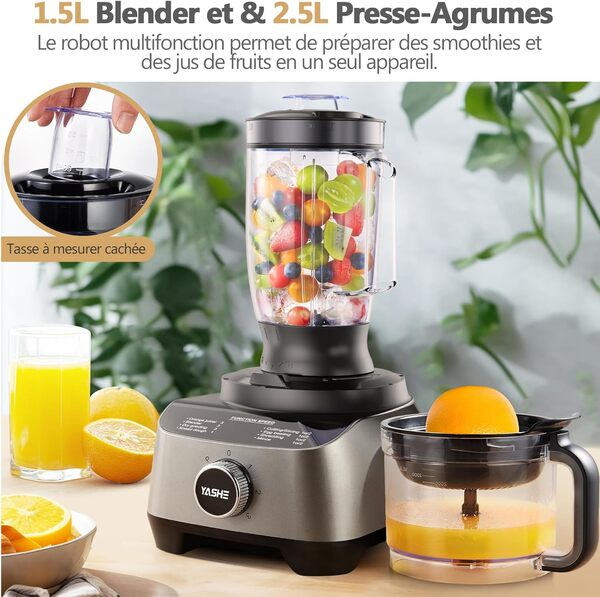 YASHE Robot Cuisine Multifonctions – Blender, Mixeur, Moulin, Presse-Agrumes, Pétrin avec Bol de 2,5L et Blender de 1,5L, 1300W, 3 Vitesses, Fonction Pulse, Verrouillage de Sécurité