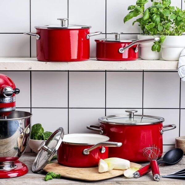 KitchenAid Steel Core Enamel Batterie de cuisine 8 pièces avec couvercles, émail d'ingénierie allemande, induction, va au four, lave-vaisselle, Rouge Empire