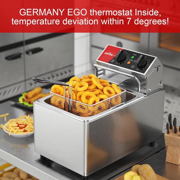 CROSSON Friteuse électrique de 8 l, avec thermostat EGO, minuterie de 30 minutes, réservoir d'huile amovible, panier en acier inoxydable massif, tête de friteuse rotative