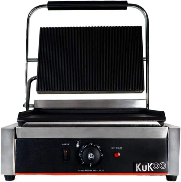 Presse à Panini Professionnelle Grill Electrique - 1 plaque Inox Rainurée 2200W 50-300 ° C - Parfait Sandwicherie, Restaurant HORECA Grille Poisson Légumes Croques Viande [Brosse Nettoyage INCLUSE]