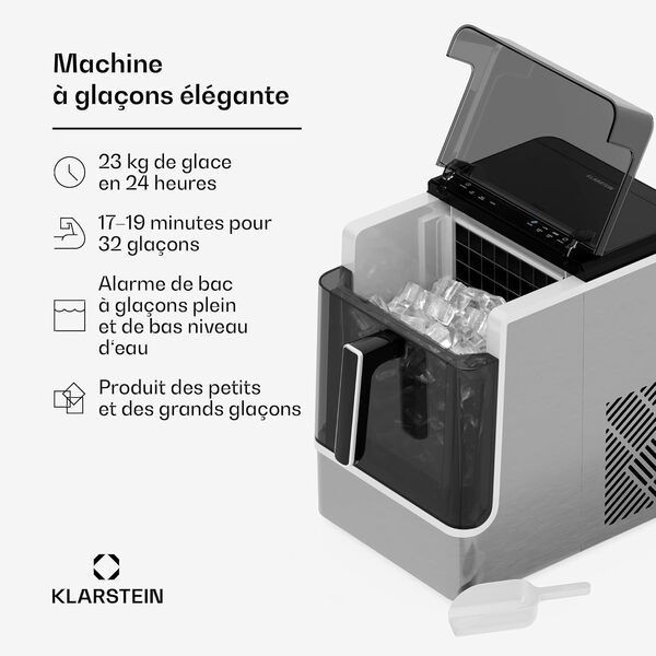Klarstein Machine à Glaçons - Acier Inoxydable, 23 kg/24 h, 32 Glaçons/Cycle, Nettoyage Auto, Panneau de Commande, Alerte Niveau d'Eau, Design Moderne, Acier inoxydable