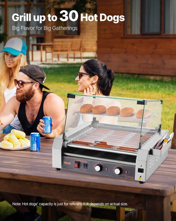 VEVOR Rouleau à hot-dogs, 11 rouleaux, 30 hot-dogs, machine à griller les saucisses en acier inox, avec double contrôle de température, couvercle, boîte de rangement, étagère amovible, bac à huile