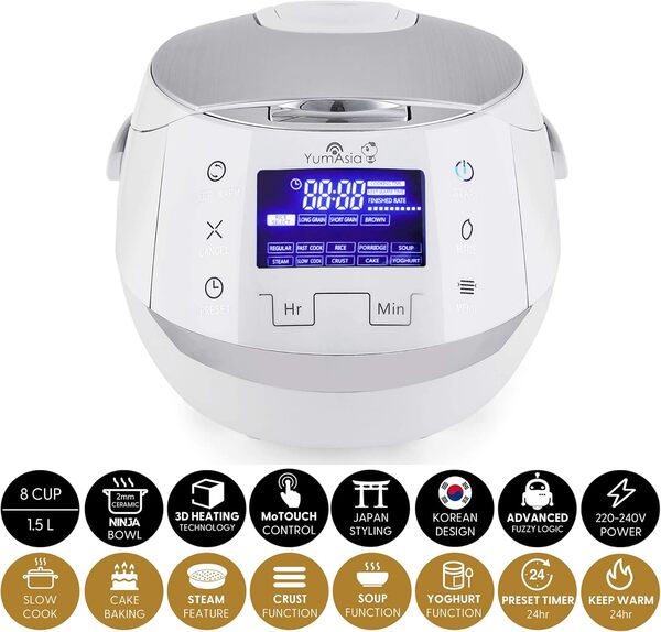 Yum Asia Sakura Cuiseur à riz avec bol en céramique et logique floue avancée, (8 tasses, 1,5 litre), 6 fonctions de cuisson du riz, 6 fonctions multicuiseur, écran LED Motouch, 220-240V