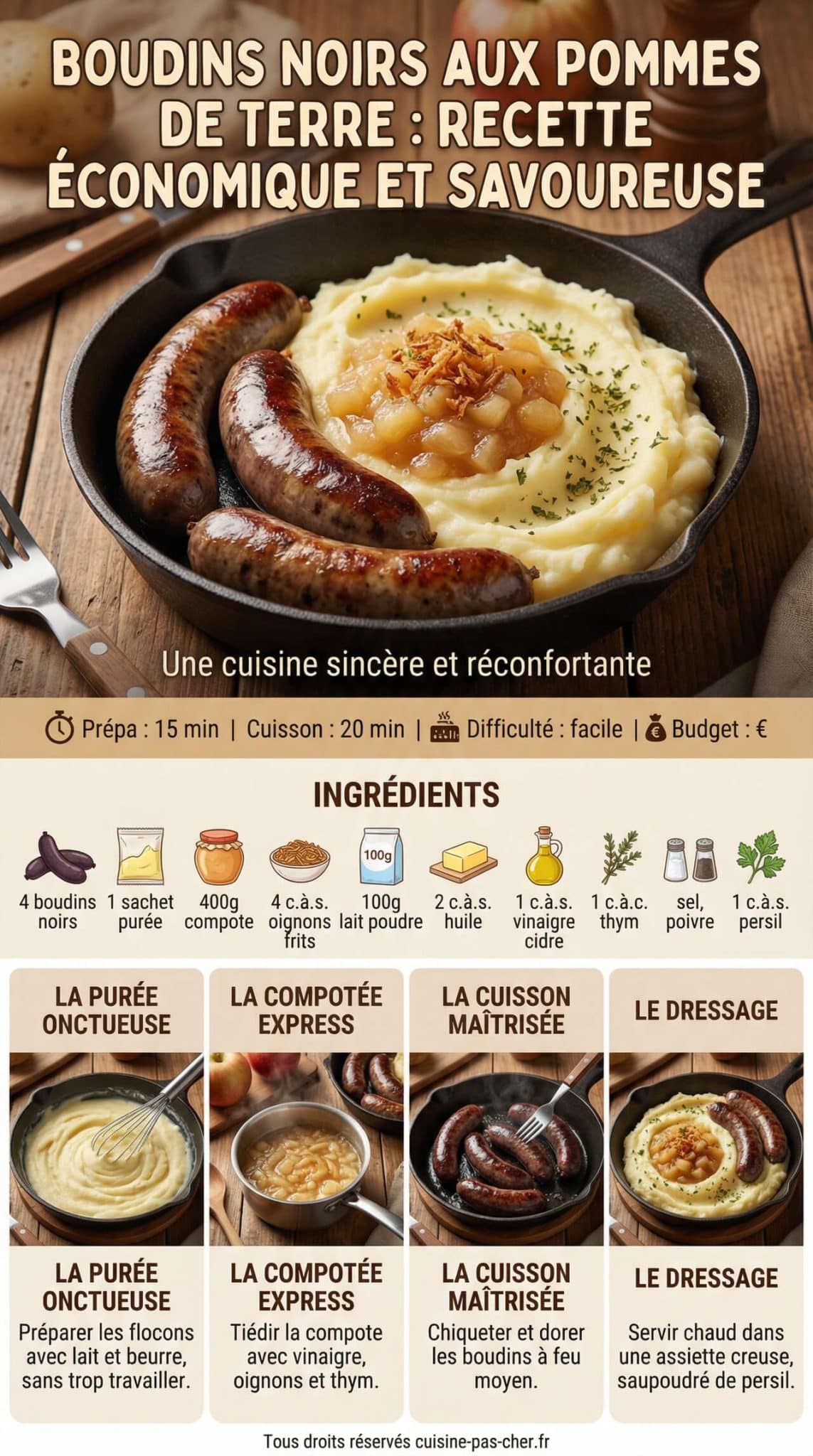 Fiche recette Boudins noirs aux pommes de terre : recette &eacute;conomique et savoureuse