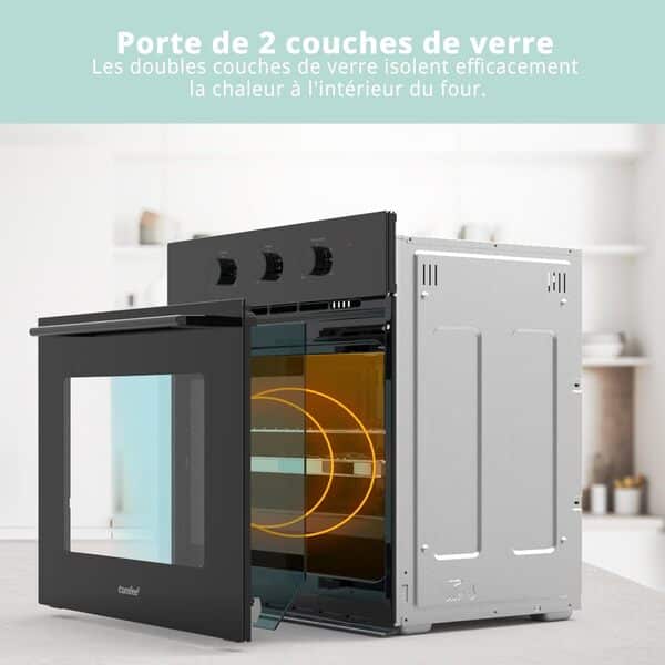 Comfee' CBO60M80M1-BK Four encastrable de 60 cm, 60 litres, avec 8 fonctions, frire à air, la cuisson en plusieurs phases, la porte amovible, facile à nettoyer, netoyage à la vapeur, Noir
