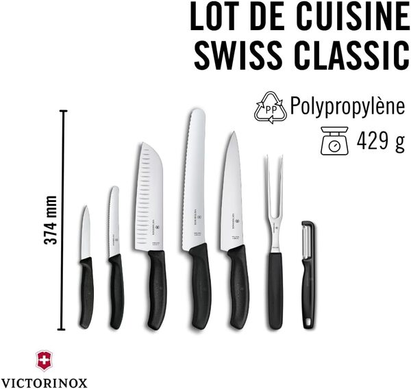 Victorinox Swiss Classic, Set de couteaux de cuisine professionnel, 7 pièces, Noir