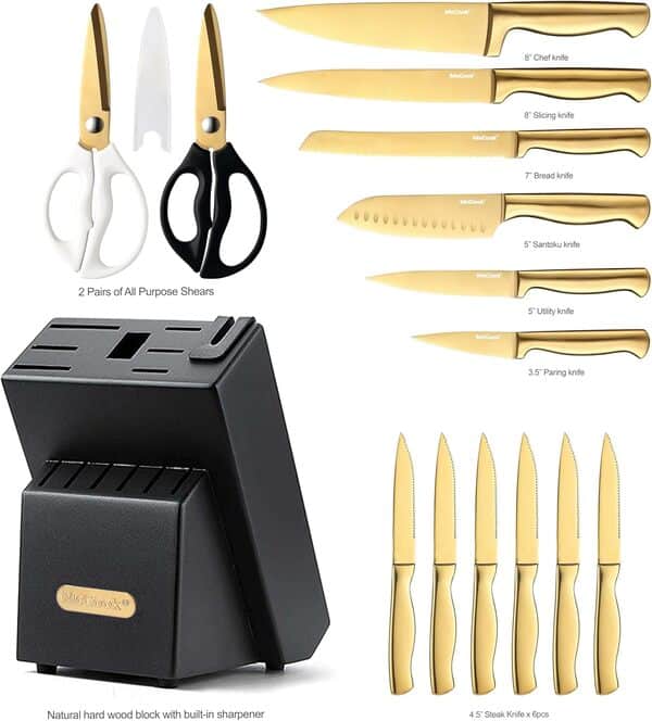 McCook® Ensemble de couteaux de cuisine en acier inoxydable titane doré avec aiguiseur intégré