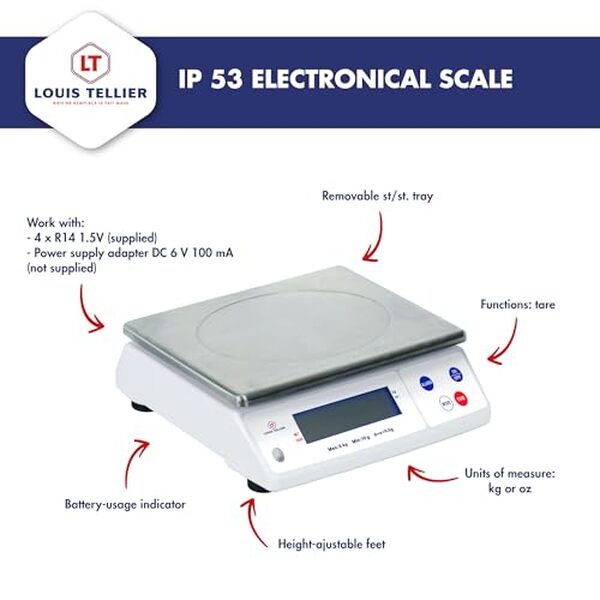 Découvrez la balance Louis Tellier IP53 : une solution précise et polyvalente pour tous vos besoins culinaires, adaptée même aux conditions exigeantes.