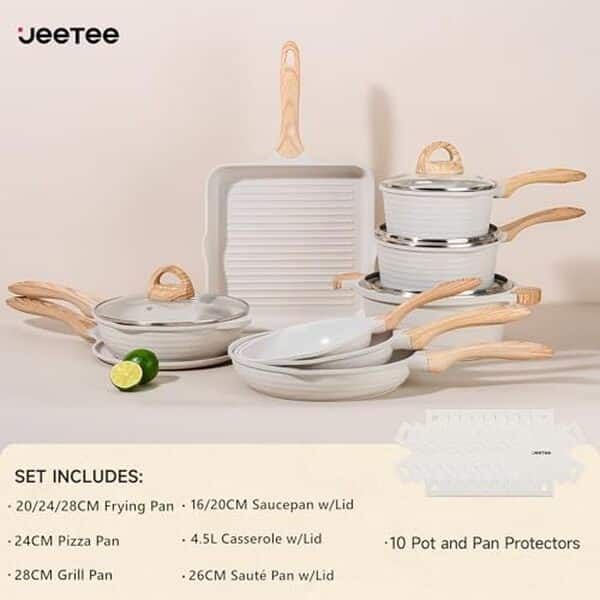 Découvrez la batterie de cuisine jeetee 23 pcs, en granit antiadhésif beige, idéale pour une expérience culinaire optimisée et sans tracas.