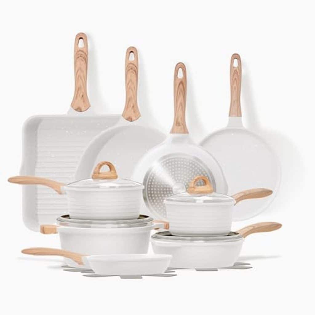 Test des 23 pcs jeetee, batterie de cuisine granit antiadhésive, beige