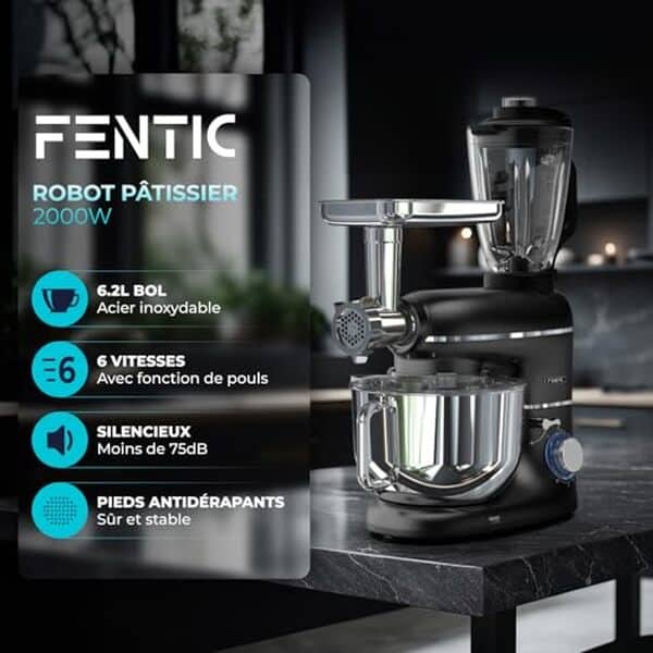 Explorez la puissance et la polyvalence du robot pâtissier Fentic 6 en 1. Un outil indispensable pour des préparations culinaires réussies et des recettes variées.