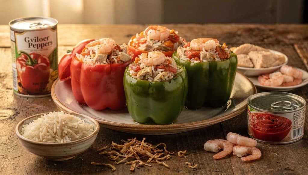 Poivrons farcis aux crevettes et au poulet : recette économique