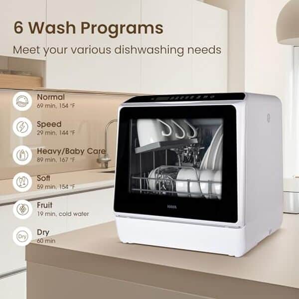 Découvrez le HAVA mini lave-vaisselle avec 6 programmes portables et réservoir intégré. Évaluons ses performances pour un usage quotidien optimal.