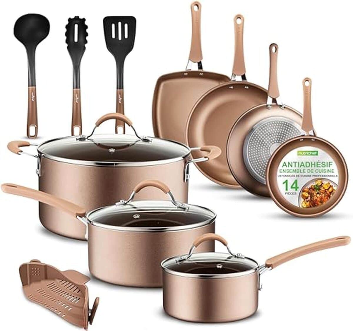 Test NutriChef batterie de cuisine 14 pièces doré brillant