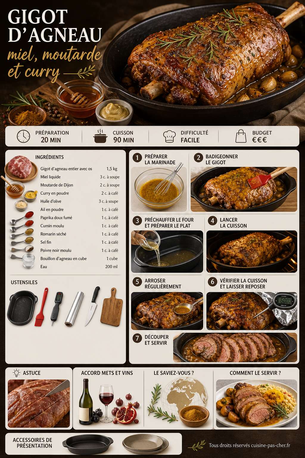 Fiche recette Gigot d'agneau : recette au miel, moutarde et curry