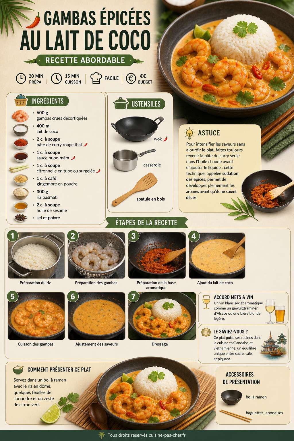 Fiche recette Gambas épicées au lait de coco : recette abordable Fiche recette Gambas épicées au lait de coco : recette abordable